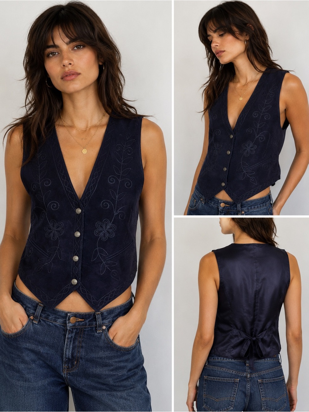 Vintage AJ Bari Navy Suede Embroidered Vest Large